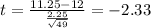 t=\frac{11.25-12}{\frac{2.25}{\sqrt{49}}}=-2.33
