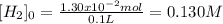 [H_2]_0=\frac{1.30x10^{-2}mol}{0.1L}=0.130M
