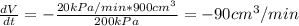 \frac{dV}{dt} = - \frac{20 kPa/min* 900 cm^{3}}{200 kPa} = - 90 cm^{3}/min