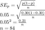 SE_{p}=\sqrt{\frac{p(1-p)}{n}}\\0.05=\sqrt{\frac{0.30(1-0.30)}{n}}\\0.05^{2}=\frac{0.21}{n}\\n=84
