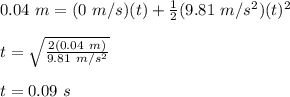 0.04\ m=(0\ m/s)(t)+\frac{1}{2}(9.81\ m/s^2)(t)^2\\\\t=\sqrt{\frac{2(0.04\ m)}{9.81\ m/s^2}}\\\\t=0.09\ s