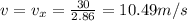 v=v_x=\frac{30}{2.86}=10.49 m/s