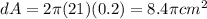 d A=2\pi (21)(0.2)=8.4 \pi cm^2
