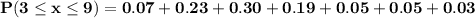 \mathbf{P(3\le x \le 9) = 0.07 + 0.23 + 0.30 + 0.19 + 0.05 + 0.05 + 0.03}