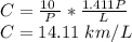 C=\frac{10\ }{P}* \frac{1.411P}{L}\\ C=14.11\ km/L
