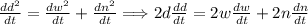\frac{dd^2}{dt} = \frac{dw^2}{dt} + \frac{dn^2}{dt} \Longrightarrow 2 d\frac{dd}{dt} = 2w\frac{dw}{dt} + 2n\frac{dn}{dt}