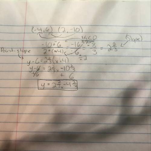What is an equation of the line that passes through the points (-4,6)and (2,-10)?