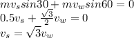 mv_{s} sin30 +  mv_{w} sin60 = 0\\0.5v_{s} + \frac{\sqrt{3} }{2} v_{w} = 0\\v_{s} = \sqrt{3}  v_{w}\\