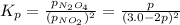 K_p=\frac{p_{N_2O_4}}{(p_{NO_2})^2}=\frac{p}{(3.0-2p)^2}