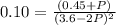0.10=\frac{(0.45+P)}{(3.6-2P)^2}