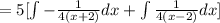 =5[\int -\frac{1}{4(x+2)}dx+\int \frac{1}{4(x-2)}dx]