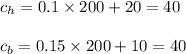 c_h=0.1\times 200+20=40\\\\c_b=0.15\times 200+10=40