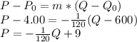 P - P_0=m*(Q-Q_0)\\P-4.00=-\frac{1}{120} (Q-600)\\P= -\frac{1}{120}Q +9