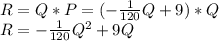 R=Q*P= (-\frac{1}{120}Q +9)*Q\\R=-\frac{1}{120}Q^2 +9Q