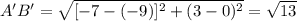 A'B' = \sqrt{[-7-(-9)]^{2}+(3-0)^{2}  } = \sqrt{13}
