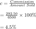 c=\frac{Commission}{Amount \ Sold}\\\\=\frac{292.50}{6500}\times 100\%\\\\=4.5\%