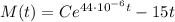 M(t)=Ce^{44\cdot 10^{-6}t}-15t