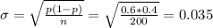 \sigma=\sqrt{\frac{p(1-p)}{n}}=\sqrt{\frac{0.6*0.4}{200}}=0.035