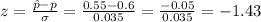 z=\frac{\hat{p}-p}{\sigma}=\frac{0.55-0.6}{0.035}=\frac{-0.05}{0.035}=-1.43