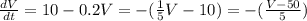 \frac{dV}{dt}=10-0.2 V=-(\frac{1}{5}V-10)=-(\frac{V-50}{5})