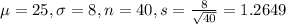 \mu = 25, \sigma = 8, n = 40, s = \frac{8}{\sqrt{40}} = 1.2649