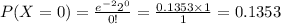 P(X=0)=\frac{e^{-2}2^{0}}{0!}=\frac{0.1353\times 1}{1}=0.1353