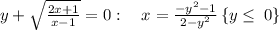 y+\sqrt{\frac{2x+1}{x-1}}=0:\quad x=\frac{-y^2-1}{2-y^2}\space\left\{y\le \:0\right\}