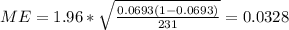 ME= 1.96 *\sqrt{\frac{0.0693 (1-0.0693)}{231}}= 0.0328