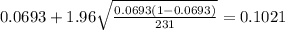 0.0693 + 1.96\sqrt{\frac{0.0693(1-0.0693)}{231}}=0.1021