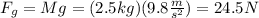 F_{g}=Mg=(2.5kg)(9.8\frac{m}{s^{2}})=24.5N