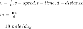 v=\frac{d}{t}, v-speed, t-time, d-distance\\\\m=\frac{108}{6}\\\\=18\ mile/day