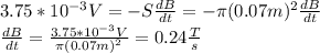 3.75*10^{-3}V=-S\frac{dB}{dt}=-\pi (0.07m)^{2}\frac{dB}{dt}\\\frac{dB}{dt}=\frac{3.75*10^{-3}V}{\pi (0.07m)^{2}}=0.24\frac{T}{s}