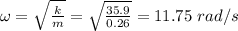 \omega= \sqrt{\frac{k}{m}} = \sqrt{\frac{35.9}{0.26}} = 11.75 \ rad/s