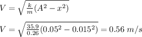 V = \sqrt{\frac{k}{m}(A^2-x^2) }\\\\ V = \sqrt{\frac{35.9}{0.26}(0.05^2-0.015^2) } = 0.56 \ m/s