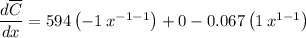 \dfrac{d\overline{C}}{dx}=594\left(-1\:x^{-1-1}\right)+0-0.067\left(1\:x^{1-1}\right)