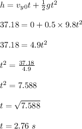 h = v_y_0 t + \frac{1}{2} gt^2\\\\37.18 = 0 + 0.5\times 9.8t^2\\\\37.18 = 4.9t^2\\\\t^2 = \frac{37.18}{4.9} \\\\t^2 = 7.588\\\\t = \sqrt{7.588} \\\\t = 2.76 \ s