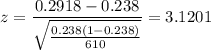 z = \displaystyle\frac{0.2918-0.238}{\sqrt{\frac{0.238(1-0.238)}{610}}} = 3.1201