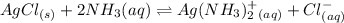 AgCl_{(s)} + 2 NH_3{(aq)} \rightleftharpoons Ag(NH_3)_2^+_{(aq)} + Cl^-_{(aq)}