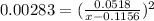 0.00283 = (\frac{0.0518}{x-0.1156})^2