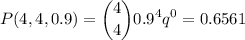 \displaystyle P(4,4,0.9)=\binom{4}{4}0.9^4q^{0}=0.6561