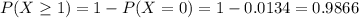 P(X \geq 1) = 1 - P(X = 0) = 1 - 0.0134 = 0.9866