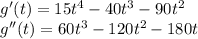 g'(t)=15t^{4}-40t^{3}-90t^{2} \\g''(t)=60t^{3}-120t^{2}-180t