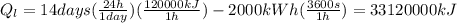 Q_{l}=14days(\frac{24 h}{1 day})(\frac{120000 kJ}{1 h})-2000 kWh(\frac{3600 s}{1 h})=33120000 kJ