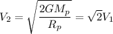 V_2 = \sqrt{\dfrac{2GM_p}{R_p}} = \sqrt{2}V_1
