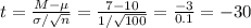 t=\frac{M-\mu}{\sigma/\sqrt{n}} =\frac{7-10}{1/\sqrt{100}}=\frac{-3}{0.1}=-30