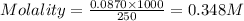 Molality=\frac{0.0870\times 1000}{250}=0.348M