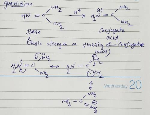 Guanidine is a stronger base than the typical amine. The increased basicity can be explained by draw