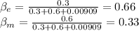 \beta_e =\frac{0.3}{0.3+0.6+0.00909}=0.66\\\beta_m=\frac{0.6}{0.3+0.6+0.00909}=0.33