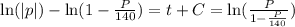 \ln(|p|)-\ln(1-\frac{P}{140}) = t+C = \ln (\frac{P}{1-\frac{P}{140}})