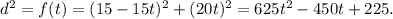 d^{2}  = f(t) = (15 - 15t)^{2}  + (20t)^{2} = 625t^{2} - 450t + 225.
